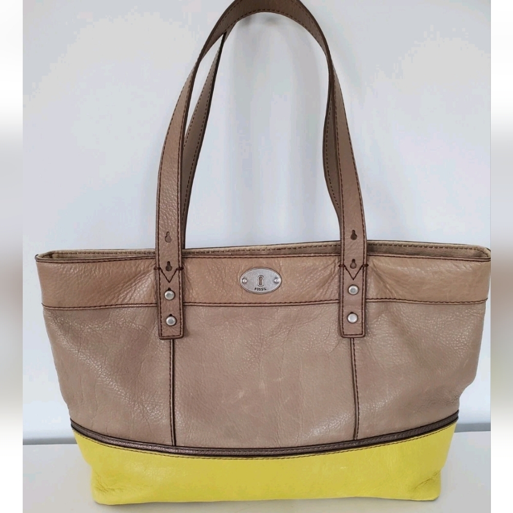 FOSSIL Taupe/Yellow Leather HUNTER Tote Bag Shoulder Shopper 90s Color Block